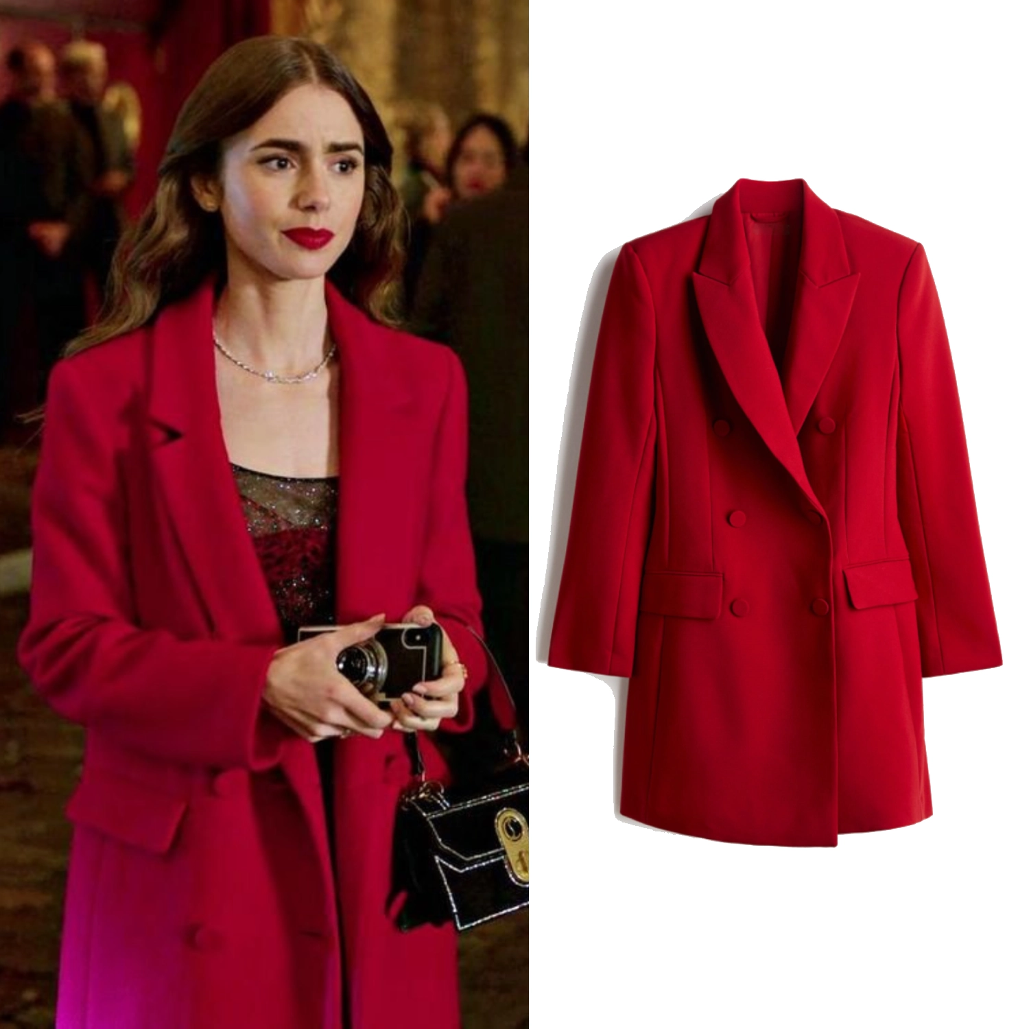 Emily In Paris Lily Collins Red Trench Wool Coat