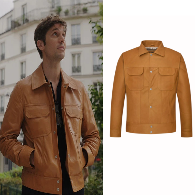 Emily In Paris Lucas Bravo Brown Leather Jacket