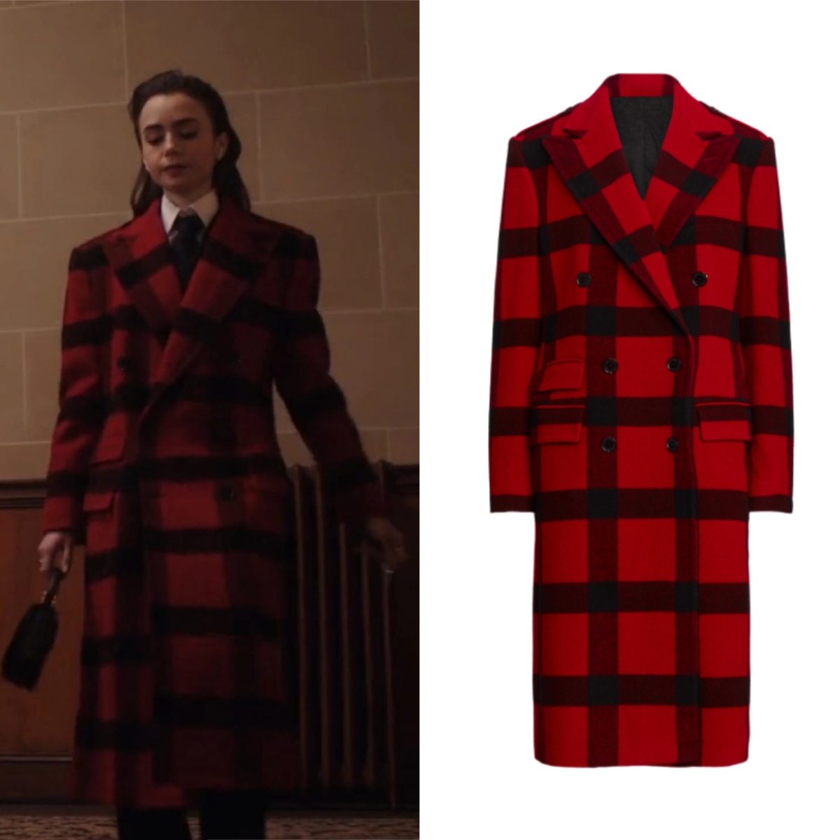 Emily In Paris Season 04 Lily Collins Plaid Red Twill Coat
